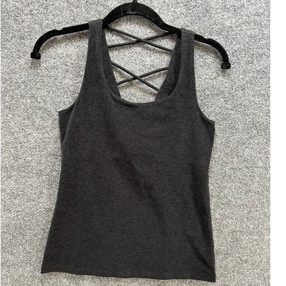Beyond Yoga Charcoal Gray Strappy Lattice Back Tank Top with Shelf Bra, Medium